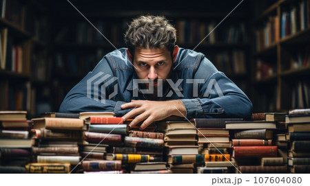 A man leaning over a pile of books, AI 107604080