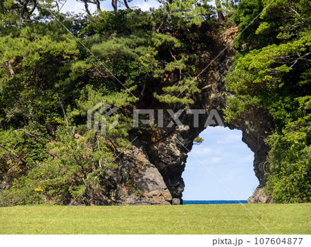 城山海水浴場の砂浜から見た城山公園の芝生と明鏡洞。福井県大飯郡高浜町。 城山海水浴場の砂浜から見た城山公園の芝生と明鏡洞。福井県大飯郡高浜町。 107604877