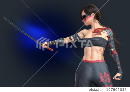 龍の入れ墨の女剣士が刀を構えて戦う 龍の入れ墨の女剣士が刀を構えて戦う 107605035