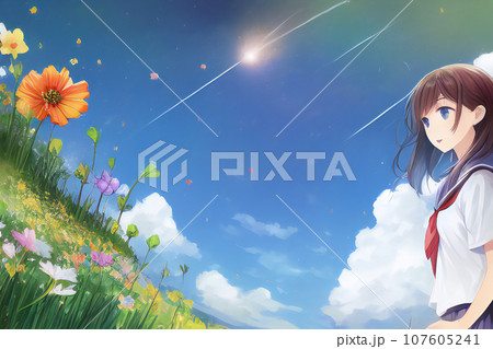 綺麗なコスモスと女子高生【AI生成画像】 107605241