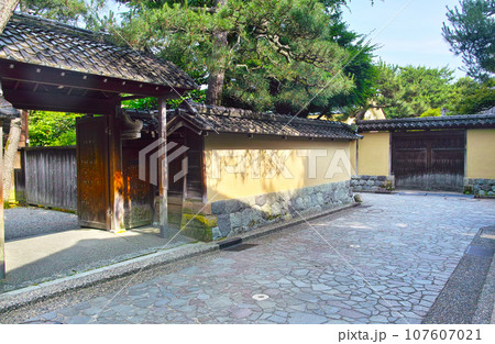 初夏の金沢市、朝日を受けた長町武家屋敷の門構えのある景観 初夏の金沢市、朝日を受けた長町武家屋敷の門構えのある景観 107607021