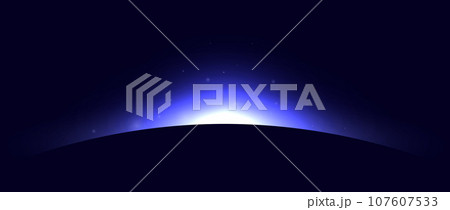 Planet eclipse concept. Purple blue solar light glare effect. Abstract glowing sunrise on dark background. Earth horizon halo illustration. Vector design for poster, banner, cover, brochure, booklet 107607533