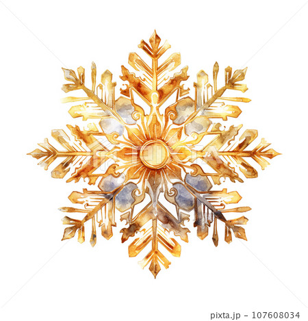 クリスマスをイメージした金色の雪の結晶の水彩アイコン　AI画像 107608034