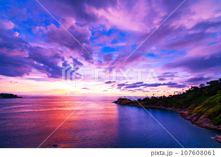 Nature view of Laem promthep cape Beautiful sunset or sunrise sky scenery in andaman sea, Amazing seascape in phuket thailand Beautiful nature background. 107608061