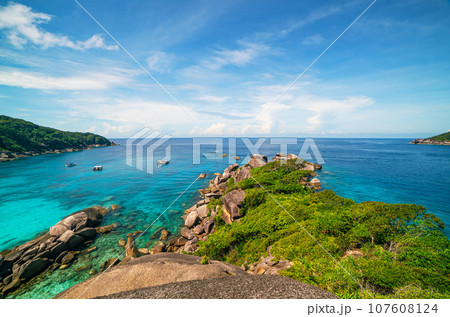 Beautiful seashore with wave crashing on sandy shore at Similan Islands Beautiful tropical sea Similan island No.8 at Similan national park, Phang nga Thailand 107608124