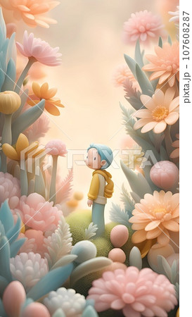 Small cartoon character in the garden illustration 107608287