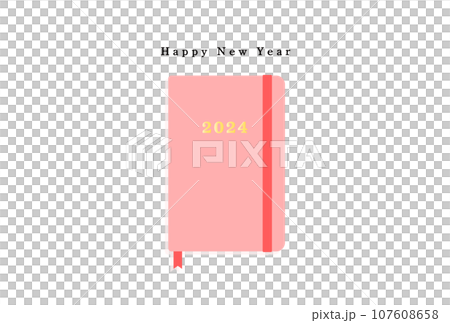 新年快樂文字和2024年粉紅色筆記本 — 簡單可愛的新年賀卡 新年快樂文字和2024年粉紅色筆記本 — 簡單可愛的新年賀卡 107608658