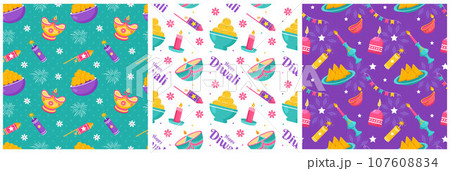 Set of Happy Diwali Seamless Pattern Illustration Design with Light Festival of India Ornament in Cartoon Hand Drawn Template Set of Happy Diwali Seamless Pattern Illustration Design with Light Festival of India Ornament in Cartoon Hand Drawn Template 107608834