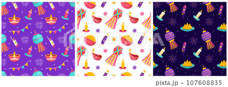 Set of Happy Diwali Seamless Pattern Illustration Design with Light Festival of India Ornament in Cartoon Hand Drawn Template Set of Happy Diwali Seamless Pattern Illustration Design with Light Festival of India Ornament in Cartoon Hand Drawn Template 107608835