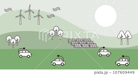 エコ循環型社会。太陽光発電と風力発電の再生可能エネルギーを利用しEV電気自動車が走る街のイラスト 107609449