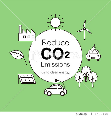 CO2削減をかわいいアイコンで表したイラスト図 107609450