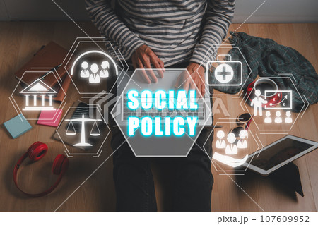 Social policy concept, Person using on laptop computer with social policy icon on virtual screen. 107609952