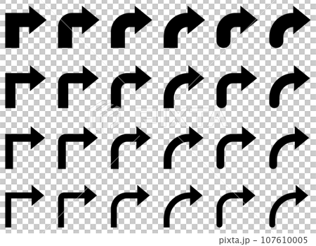 Vector illustration set of monochrome curved arrows, L turn arrows Vector illustration set of monochrome curved arrows, L turn arrows 107610005