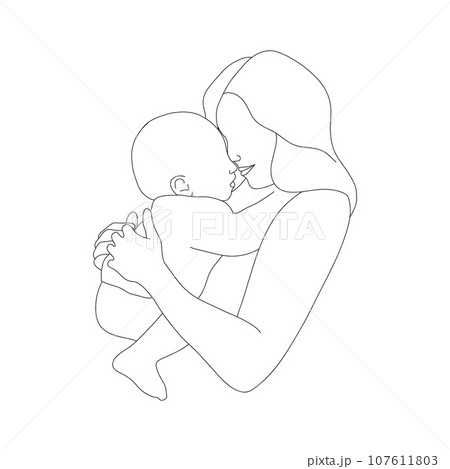 Mother and child in linear style. Happy mom hugging her newborn baby. One line art. Minimalistic vector illustration. Abstract family silhouette Mother and child in linear style. Happy mom hugging her newborn baby. One line art. Minimalistic vector illustration. Abstract family silhouette 107611803