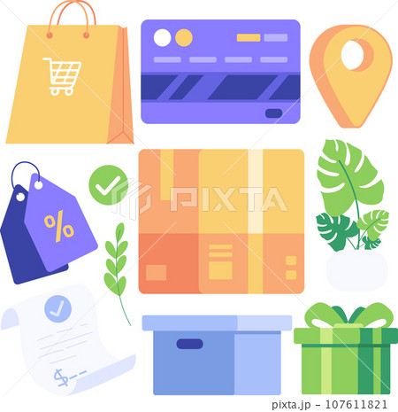 Shopping icons set. Flat illustration of shopping icons set for web design. Shopping and payments by mobile, Online transactions. Vector illustration 107611821