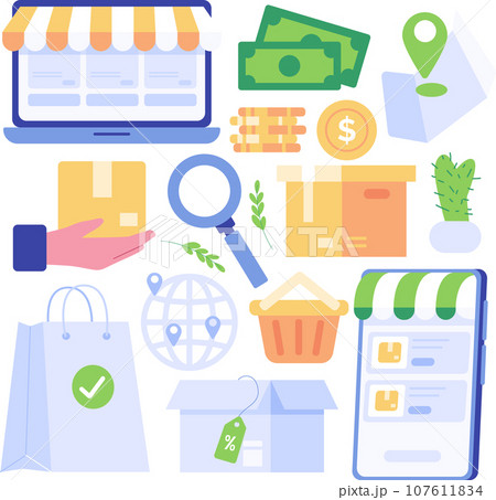 Shopping online. E-commerce and e-commerce. Flat illustration of shopping icons set for web design. Vector flat illustration Shopping online. E-commerce and e-commerce. Flat illustration of shopping icons set for web design. Vector flat illustration 107611834