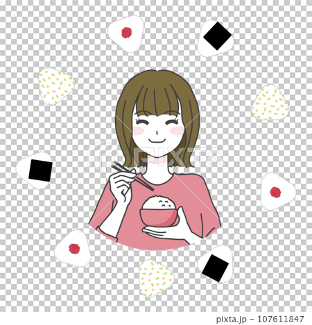 Illustration of a woman eating delicious food 03 107611847