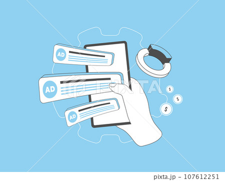 PPC advertising or banner online targeted contextual ad concept. Contextual Digital Marketing, Retargeting and Behavioral PPC Targeting. Vector isolated illustration on blue background with icons 107612251
