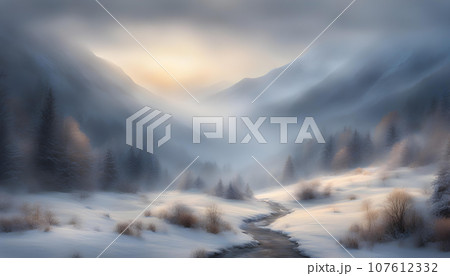 壁紙風景素材 雪山【好天の兆し】淡い水彩画風 107612332