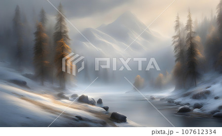 壁紙風景素材 雪山【好天の兆し】淡い水彩画風 107612334