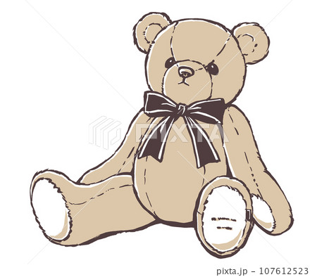 大きなリボンを首に付けたテディベア　筆描き・2色塗り 107612523