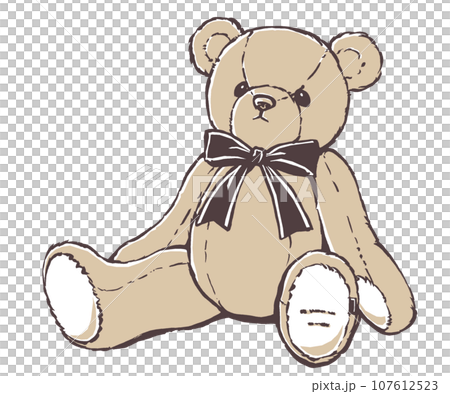 大きなリボンを首に付けたテディベア　筆描き・2色塗り 107612523