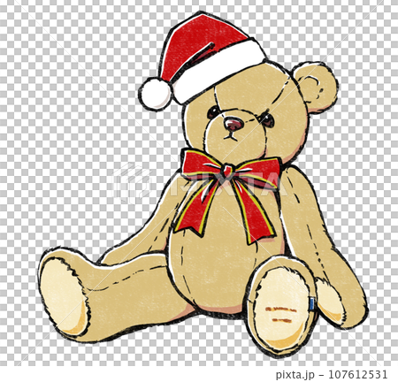 サンタ帽とクリスマスカラーのリボンを付けたテディベア 版画風 の