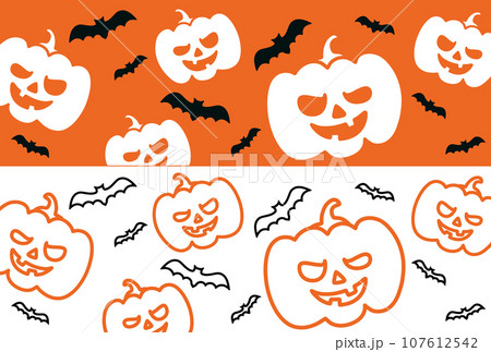 ハロウィンのカボチャとコウモリのオレンジと黒の帯状の背景素材 107612542