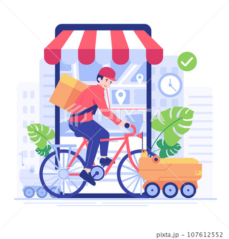 Online delivery service concept. Vector illustration in flat style. Delivery man rides a bicycle with delivery robot car. For shipping, modern technology, artificial intelligence technology concept. 107612552
