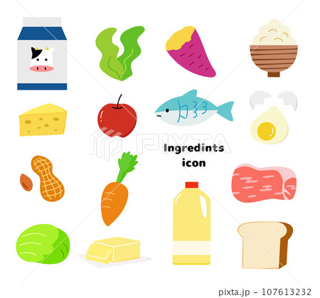 栄養素、タンパク質、炭水化物、脂質、ミネラル、ビタミンの色々な食品のイラスト素材 107613232