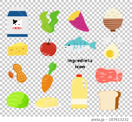 Illustration material of various foods with nutrients, proteins, carbohydrates, lipids, minerals, and vitamins 107613232
