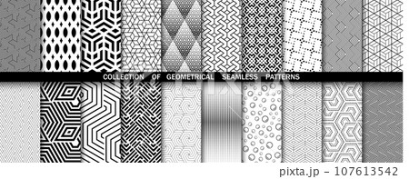 Geometric set of seamless black and white patterns. Simple vector graphics 107613542