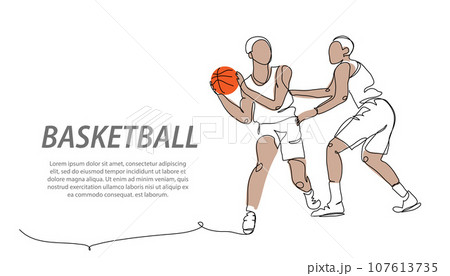 Basketball player gives a pass. One continuous line art drawing of basketball player passes Basketball player gives a pass. One continuous line art drawing of basketball player passes 107613735