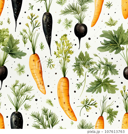 Seamless watercoloured carrot pattern for textiles or packaging.  Ai-generated  107613763
