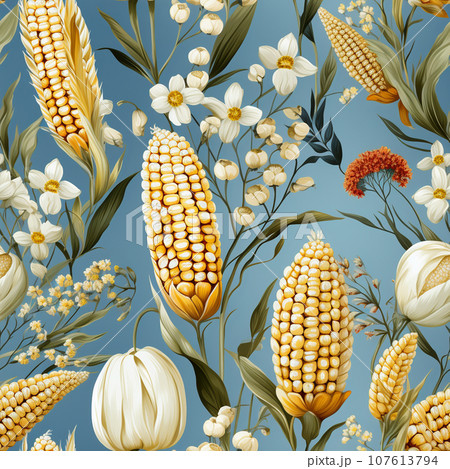Whimsical watercolour seamless pattern of corncobs for textiles or packaging.  Ai-generated  107613794