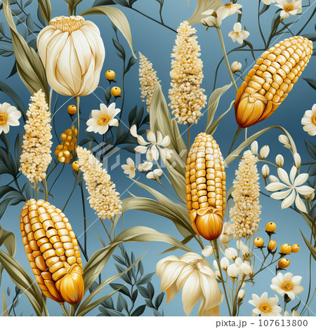 Whimsical watercolour seamless pattern of corncobs for textiles or packaging.  Ai-generated  107613800