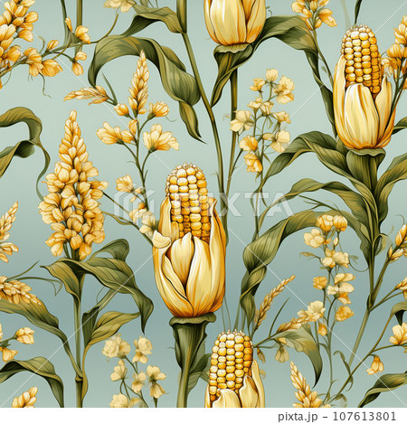 Whimsical watercolour seamless pattern of corncobs for textiles or packaging.  Ai-generated  107613801