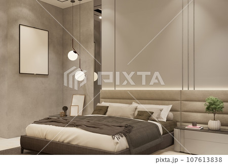 Modern bedroom home interior design. 3D rendering illustration Modern bedroom home interior design. 3D rendering illustration 107613838