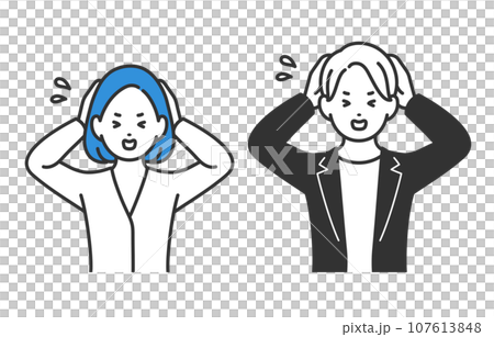 一組舉著頭擺出困境的商務人士男女【人物矢量圖素材】 107613848