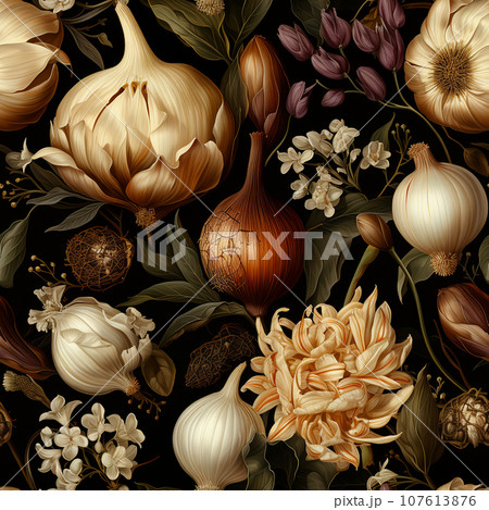 Elegant seamless watercolour garlic and onion pattern for fabrics or packard.  Ai-generated  107613876