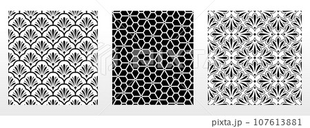 Geometric floral set of seamless patterns. White and black vector backgrounds. Damask graphic ornaments. 107613881