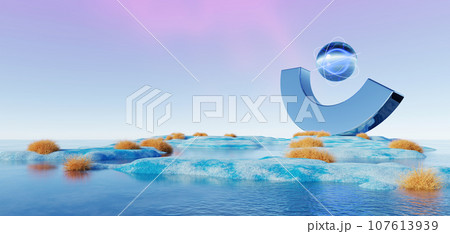 3d Render, Abstract Surreal pastel landscape background with arches and podium for showing product, panoramic view, Colorful dune scene with copy space, blue sky and cloudy, Minimalist decor design 107613939