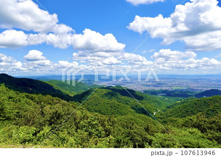 東六甲展望台から宝塚方面を見渡した風景 兵庫県西宮市 東六甲展望台から宝塚方面を見渡した風景 兵庫県西宮市 107613946