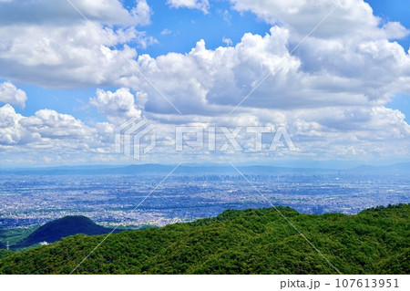 東六甲展望台から甲山越しに大阪平野を見渡した風景 兵庫県西宮市 東六甲展望台から甲山越しに大阪平野を見渡した風景 兵庫県西宮市 107613951