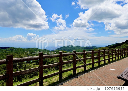 東六甲展望台から奥池越しに大阪湾を見晴らした風景　兵庫県西宮市 107613953