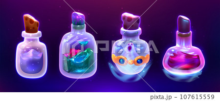 Cartoon game magic potions in glass bottles with corks 107615559