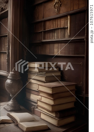 古い本が置かれた古い図書館や書斎 107615971
