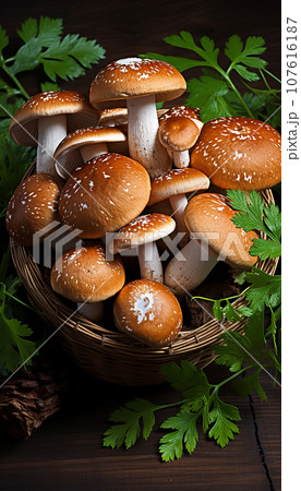 Freshly picked porcini mushrooms and sprigs of dill in a wicker basket on a wooden table.  Ai-generated  107616187