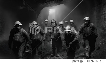 暗い炭鉱とトンネルの中で作業する作業員 暗い炭鉱とトンネルの中で作業する作業員 107616346