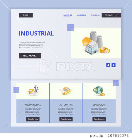 Industrial flat landing page website template. Mechatronics, automative, geological. Web banner with header, content and footer. Vector illustration. Industrial flat landing page website template. Mechatronics, automative, geological. Web banner with header, content and footer. Vector illustration. 107616378
